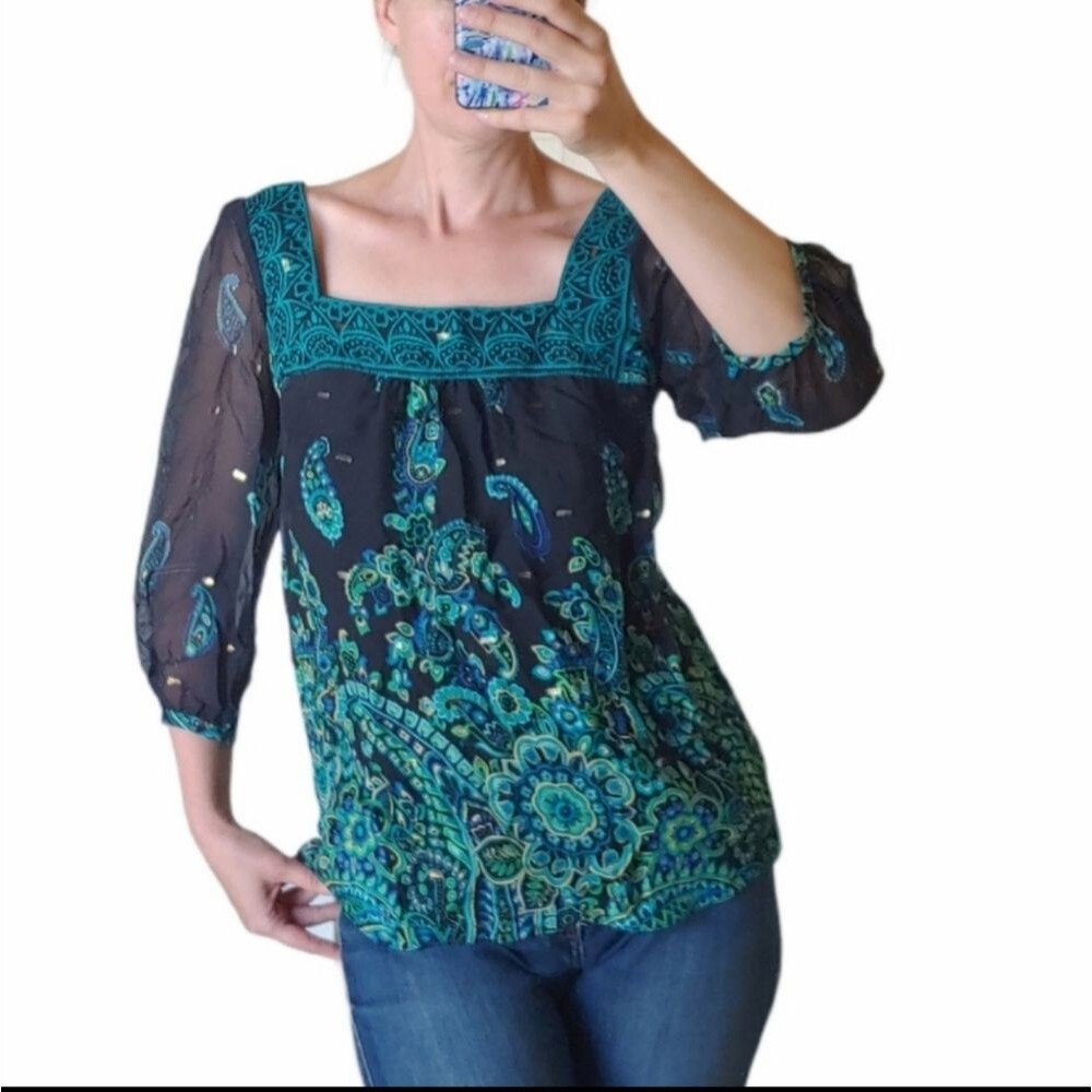 Tibi Silk top boho paisley floral blouse green black 3/4 sleeves size Small 4